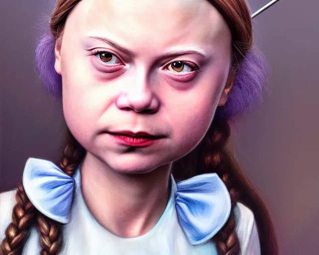 Image similar to closeup profile portrait of a greta thunberg as alice in wonderland, nicoletta ceccoli, mark ryden, lostfish, max fleischer, hyper realistic, artstation, illustration, digital paint, matte paint, vivid colors, bright, cheerful, detailed and intricate environment