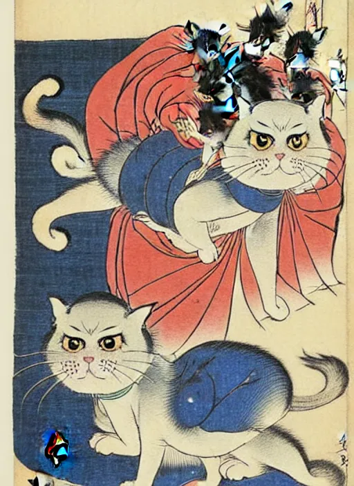 Prompt: persian cats as a yokai illustrated by kawanabe kyosai and toriyama sekien