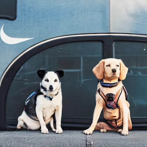 Prompt: a photo of two dogs sitting in front of the bus