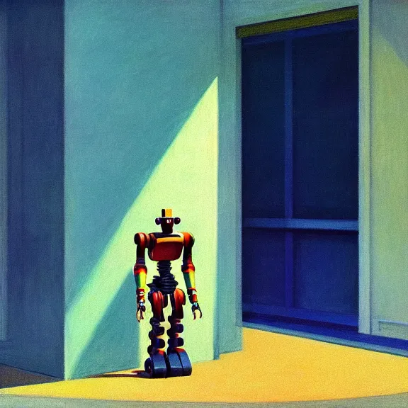 Image similar to beautiful illustration of a robot on light background by Edward Hopper, clean lines, very detailed, colorful octane render