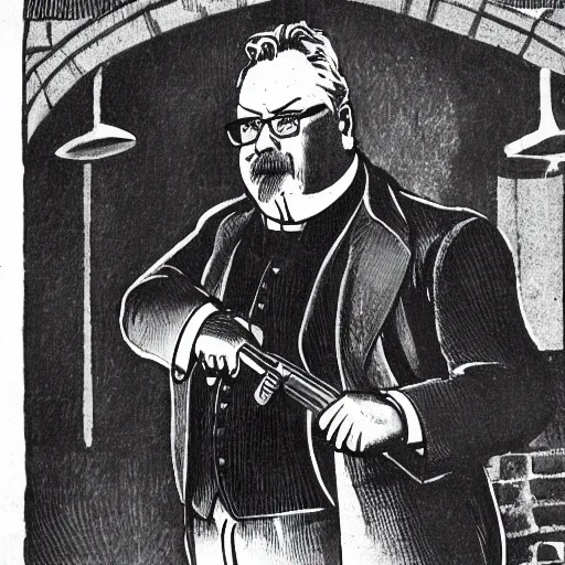 Image similar to illustration of gk chesterton with big muscles and a shotgun