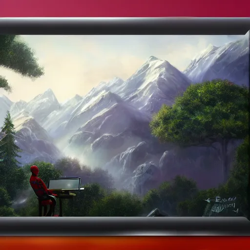 Image similar to a closeup photorealistic photograph of bob ross working on a canvas painting of spiderman. film still. brightly lit scene. mountains and trees. this 4 k hd image is trending on artstation, featured on behance, well - rendered, extra crisp, features intricate detail, epic composition and the style of unreal engine.