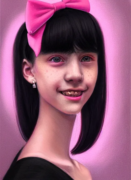 Image similar to portrait of teenage girl, realistic, black hair, bangs, half updo hairstyle, pointy nose, skinny, smile, ugly, defined jawline, big chin, pink hair bow, earrings, intricate, elegant, glowing lights, highly detailed, digital painting, artstation, sharp focus, illustration, art by wlop, mars ravelo and greg rutkowski