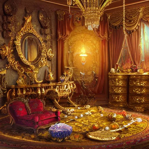 Image similar to Ornate Room full of treasures Golden Coins Heirlooms Paintings Jewels Gemstones Jewelry Magical Sparkling Diamonds Riches Fantasy Hyper detailed digital matte painting, concept art, hyperrealism, Cinema 4D, 8k resolution, 64 megapixels, coherent, bokeh, CGSociety, ZBrush Central, behance HD, hypermaximalist, a masterpiece, 4K