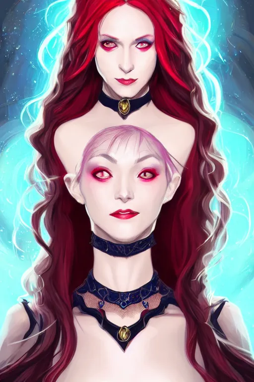 Image similar to a full body portrait of a gorgeous female sorceress, looking at camera, D&D, choker on neck, stylish dress with arcane magic symbols, very long flowing red hair, intricate, elegant, stylish, cute slightly nerdy smile, mouth slightly open, fantasy, extremely detailed, digital painting, artstation, concept art, smooth, sharp focus, illustration, stunning lighting, art by artgerm and greg rutkowski and alphonse mucha and simon stalenhag