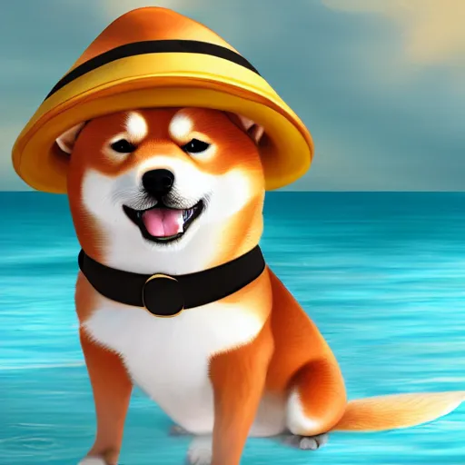 Image similar to a cute shiba inu whith a sailor hat steering a boat, endless sea, digital painting, 4 k, realistic