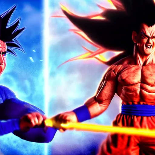 Image similar to Photo realistic live action Super Saiyan Frank Zappa vs Majin Bill Murray WWE takedown ray traced 8K anti-aliased highly detailed cinematic render award winning photography pay-per-view screen recording