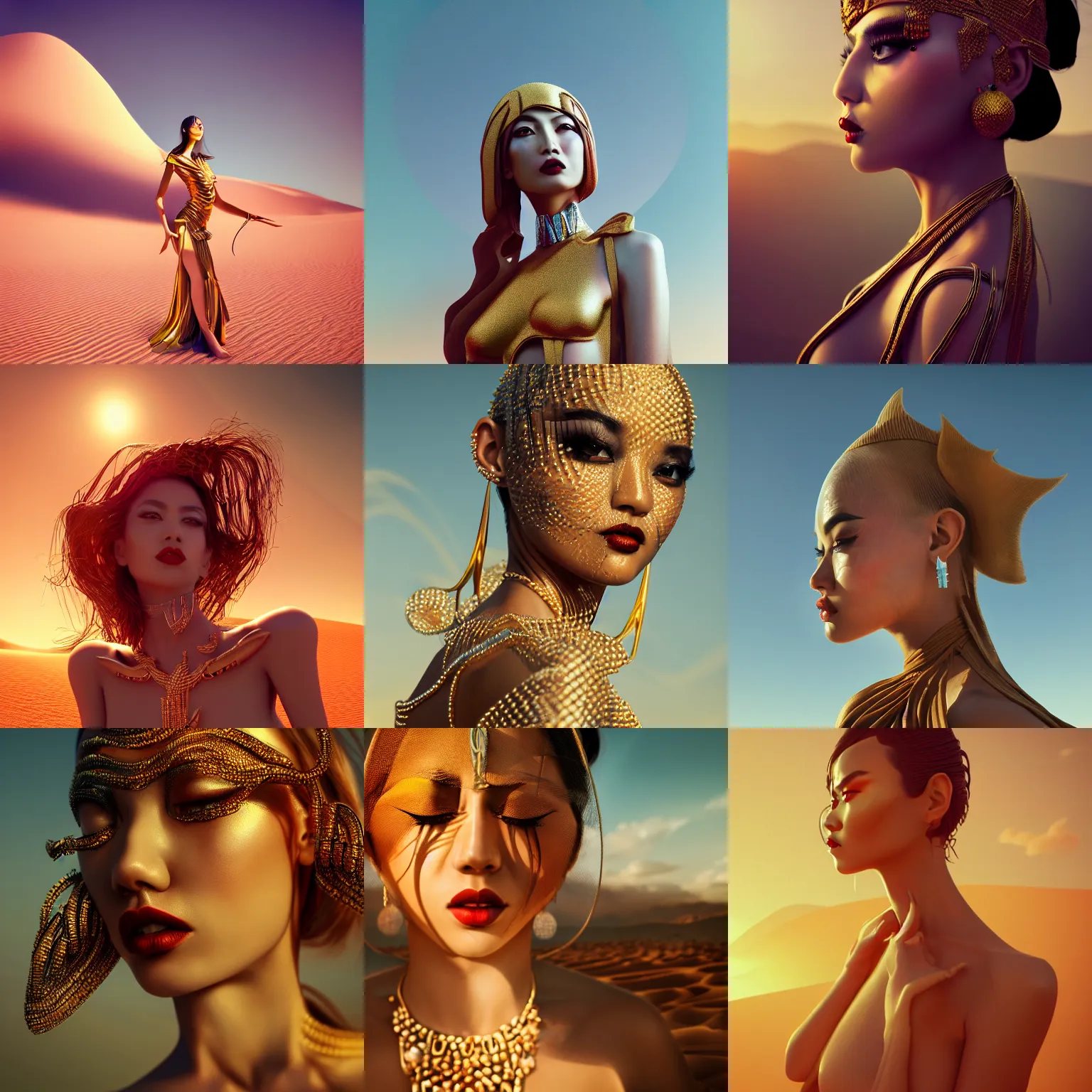 Image similar to giesha demon, innovative avant - garde art, deco fashion, asian women, highly detailed, photorealistic portrait, serene desert setting, golden hour, crisp quality and light reflections, octane render