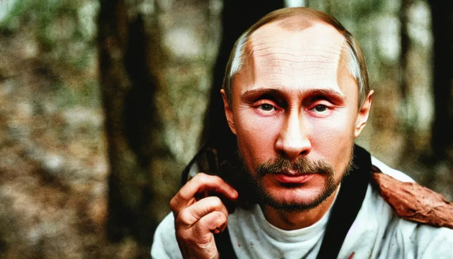 Image similar to far view, extremely skinny malnourished vladimir putin with long beard, wearing dirty overalls, dirty greasy face, grin, portrait, close up, kodak gold 2 0 0, 5 0 mm,