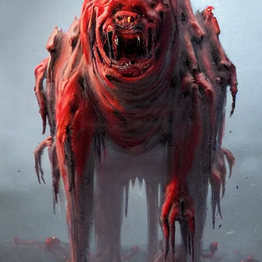 Image similar to concept art by greg rutkowski, dog - shaped monster made of twisted meat and reddish ooze, roaming the colony, looking rabid, in a claustrophobic, futuristic and brutalist environment, frightening and creepy atmosphere, scifi, highly detailed portrait, digital painting, artstation, concept art, smooth, sharp foccus ilustration, artstation hq