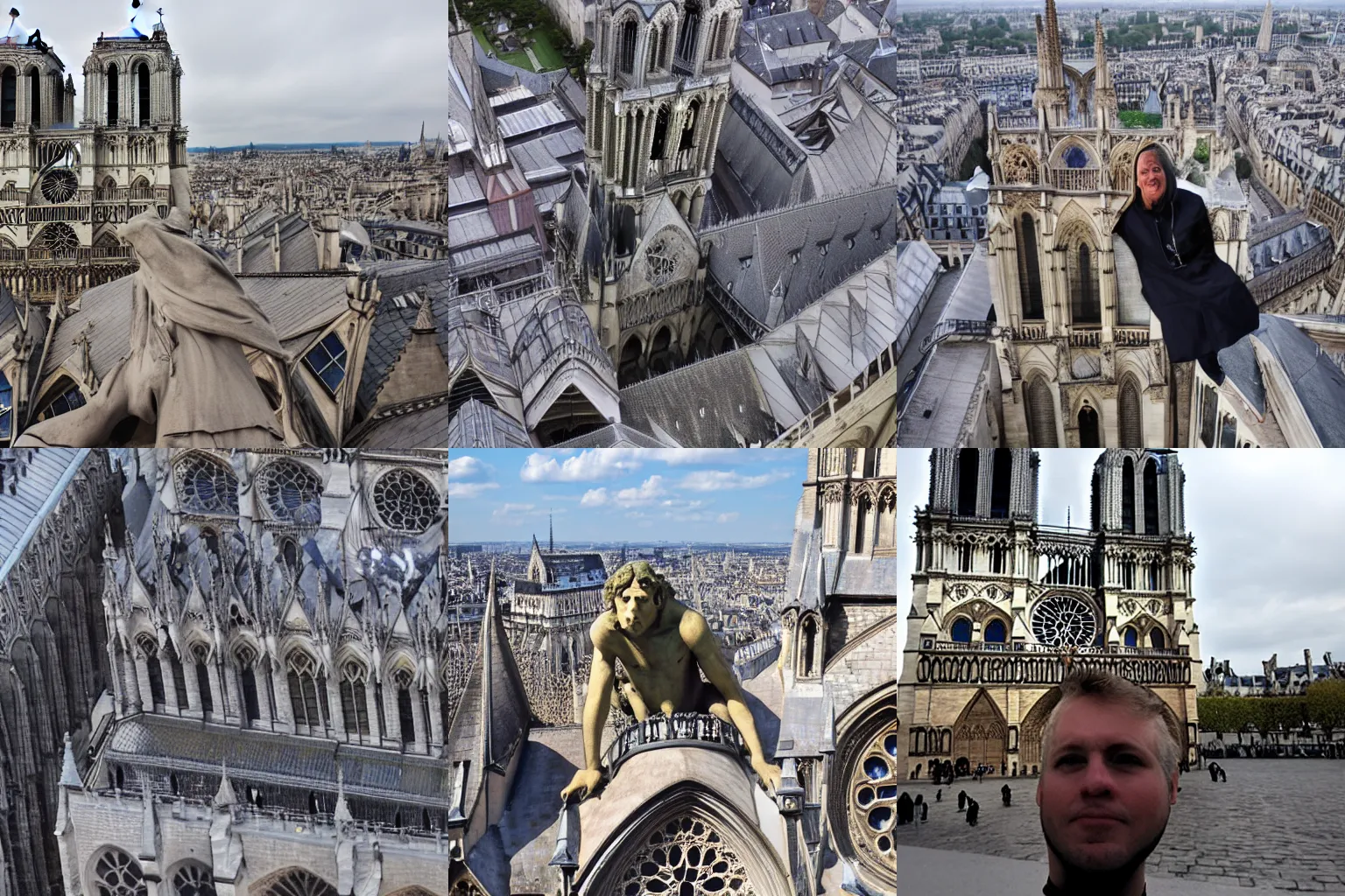 Prompt: photo of quasimodo on the roof of notre dame cathedral