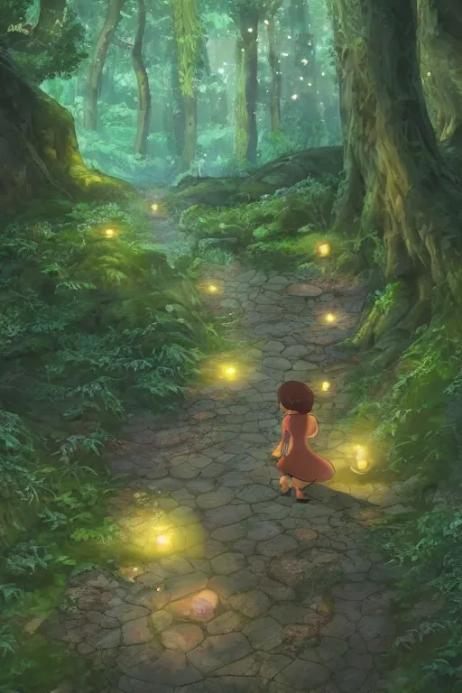 Image similar to forest path, fairy, beautiful ancient trees, hiding large treasure chest, glowing fireflies, serene evening atmosphere, soft lens, soft light, cel - shading, animation, in the style of cgsociety, deviantart, artstation, zbrush, cinema 4 d, studio ghibli, akihiko yoshida, atelier lulua, masamune shirow