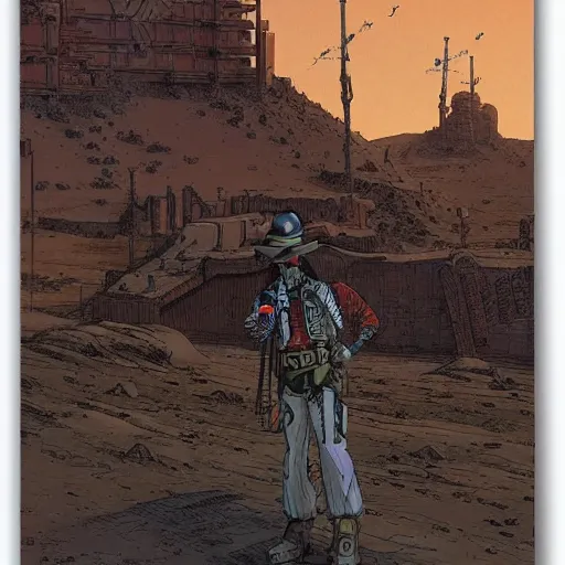 Prompt: cyborg cowboy in a desert space wild west town, highly detailed, by moebius