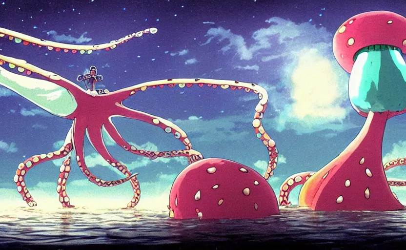 Image similar to a realistic cell - shaded studio ghibli concept art from paprika ( 2 0 0 6 ) of a flying multi - colored octopus from close encounters of the third kind ( 1 9 7 7 ) and dimensional portal to another world above a flooded white pyramid on a misty starry night. very dull colors, wide shot, hd, 4 k, hq