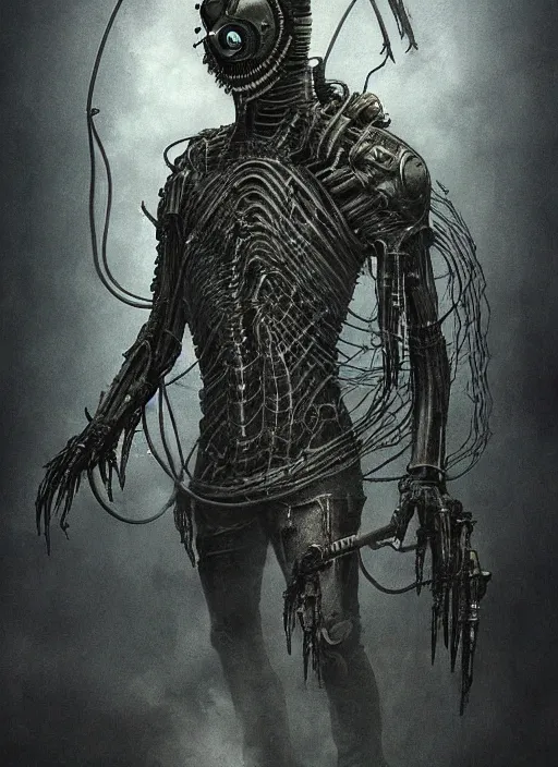 Prompt: Dark scary atmospheric detailed cyberpunk demon with mechanical wires wearing GAS MASK from the NetherRealm smoke mist vapor atmosphere by HR Giger