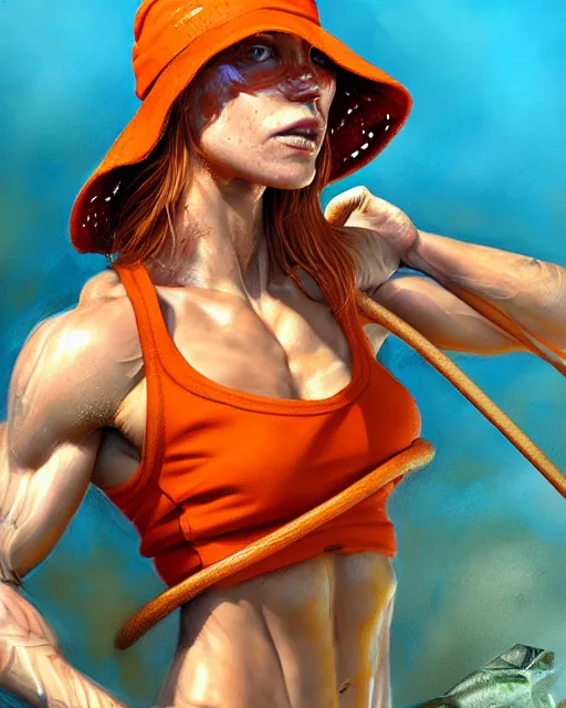 Prompt: muscular female fisherman, perfect face, bucket hat, orange halter top, ginger hair, abs, cinematic, freckles, stunning, athletic, strong, agile, highly detailed, psychedelic, digital painting, artstation, smooth, hard focus, illustration, art by jessica rossier and and brian froud