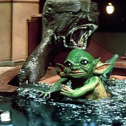 Image similar to a film still of gremlin coming out of water in star wars realistic, detailed