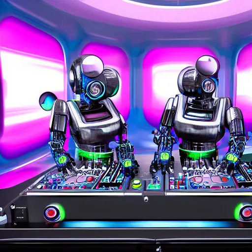 Prompt: album art, the band is called roborock, 3 dieselpunk robot heads with robot arms on a dj desk with a cd mixer, 8 k, fluorescent colors, halluzinogenic, multicolored, exaggerated detailed, front shot, 3 d render, octane