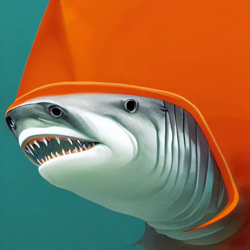 Image similar to great white shark with an orange traffic cone orange traffic cone orange traffic cone instead of a fin - ron cheng & alphonse mucha, highly detailed, digital painting, ray tracing, concept art, illustration, smooth sharp focus, intricate, symmetry, artstation,