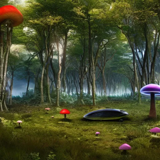 Prompt: a futuristic mushroom buildings in the middle of the forest, with futuristic flying cars hovering in the background, photography, cinematic, unreal engine, 4 k