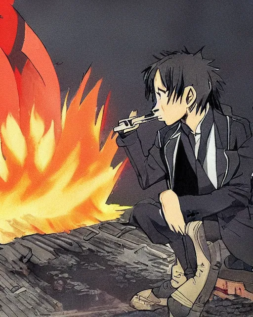 Image similar to a fox in a black trench - coat, smoking a cigarette in front of a huge explosion in the middle of a war, style of anime