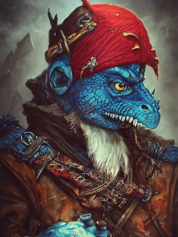 Image similar to art portrait of blue Dragonborn pirate,by tristan eaton,Stanley Artgermm,Tom Bagshaw,Greg Rutkowski,Carne Griffiths,trending on DeviantArt,face enhance,minimalist, dungeons and dragons,full of colour,