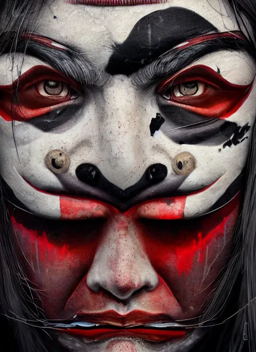 Image similar to dark samurai portrait, symmetrical face, hannya oni mask, after a battle, dirt and unclean, extreme detail, cinematic, dramatic lighting render, by sandra chevrier, masterpiece