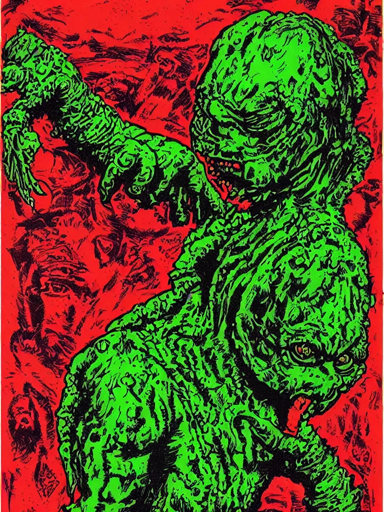Prompt: the creature from the black lagoon painted by basil gogos, hyper detailed, ultra realistic, vintage, seventies, pulp style, saturated color