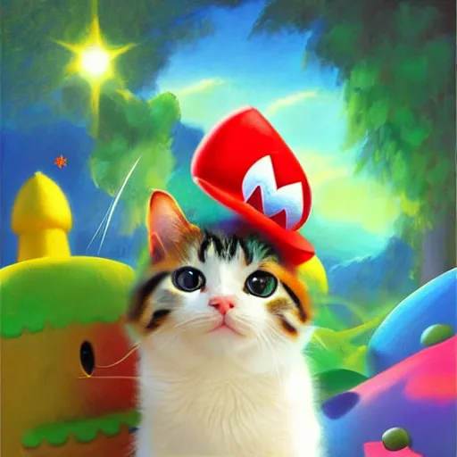 Prompt: A beautiful oil painting of a Kawaii Cat wearing a Super Mario Hat, nintendo, box art, intricate, volumetric lighting, summer, hyperrealistic, colorful, hyperdetailed.