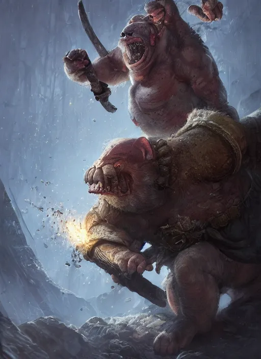 Prompt: a rat ogre choking a dwarf, warhammer, ultra detailed, fantasy, dramatic lighting, trending on artstation, award - winning, artgerm and greg rutkowski, 8 k