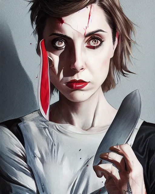 Image similar to loish, artgerm, Joshua Middleton art, Rafeal Albuquerque, pretty Alison Brie serial killer holding bloody knife in right hand realistic hand, blood on clothes and face, sarcastic smile, symmetrical eyes, symmetrical face, jean jacket, jeans, short blonde hair, middle shot, night time, deep blacks