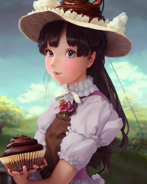 Image similar to a girl as ( fantasy personification of chocolate cupcake ), character design, cute hats, victorian inspired clothing, unreal engine, highly detailed, smooth, digital illustration by artgerm, studio ghibli, sharp focus, artstation. ribbons, fractal swirls. bakery background by studio ghibli, makoto shinkai, global illumination, blender, maya 8 k