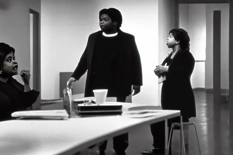 Prompt: cinematic shot from a 1 9 8 5 paranoid thriller, screenshot of octavia spencer yelling at senator joe manchin's ear, in the near future, film directed by stanley kubrick, color theory, apartment design, leading lines, photorealistic, volumetric lighting