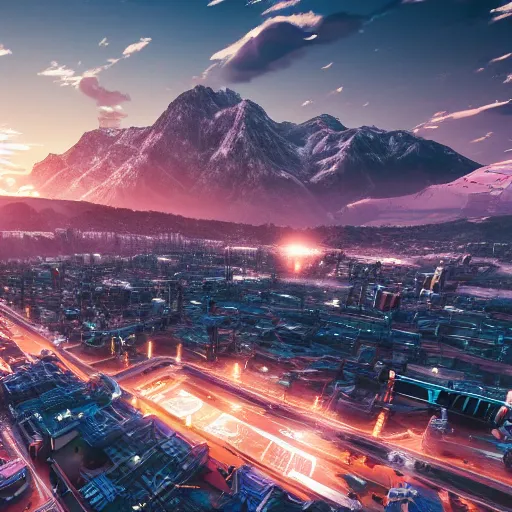 Image similar to beautiful sunset over detailed cyberpunk suburb in a valley surrounded by epic mountains with snowtops, sharp, highly detailed, hyperrealistic, 4 k, - i