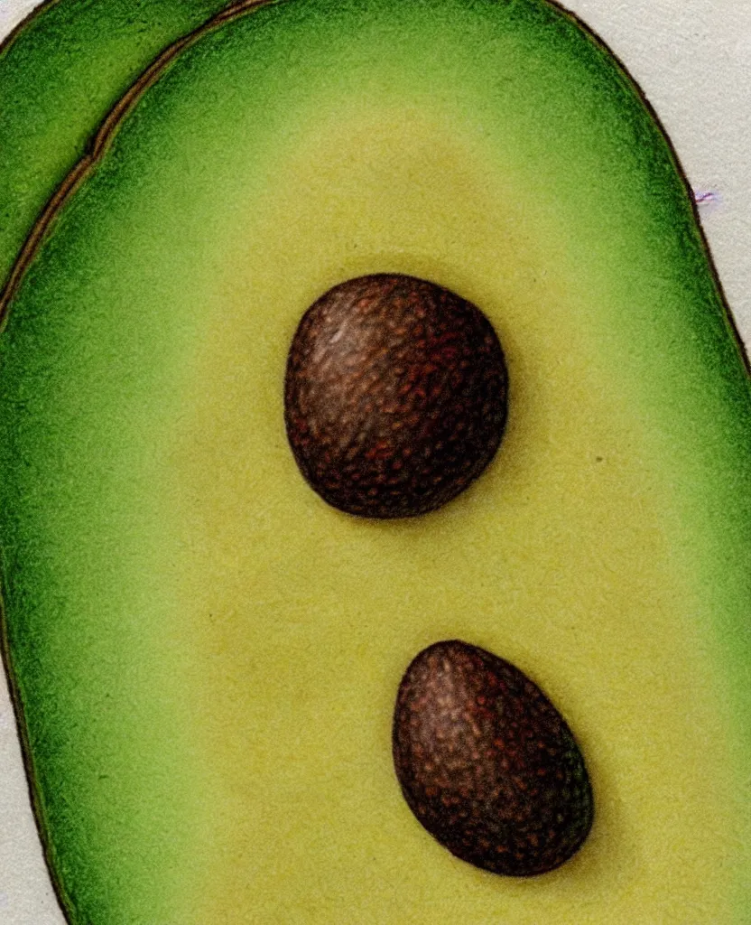 Prompt: illustrated naturalist sketch of one ripe avocado. detailed, extreme close up.