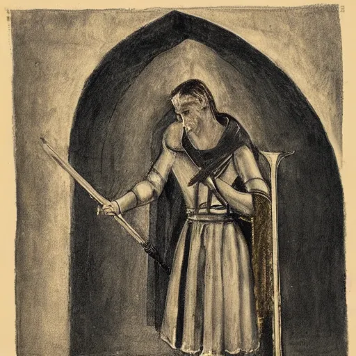 Image similar to A pale young man stands inside a prison cell. Clad in shining armor he kneels and prays to a God others would have long abandoned. Sunshine lightly grazes his cheeks as he prays, his broken spear used as a cross to focus on. The knight's expression is sad, pensive, but resolute, decisive and stubborn. Portrait.