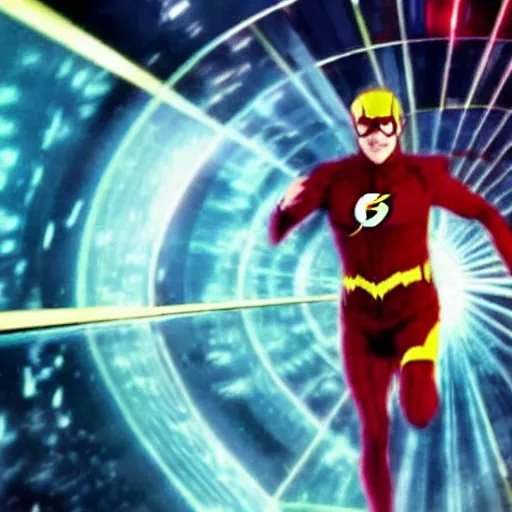 Prompt: Actor Billy Pipski as the Flash running on the Cosmic Treadmill, from The Flash Movie, 1980, directed by Steven Spielberg, Warner Brother Pictures