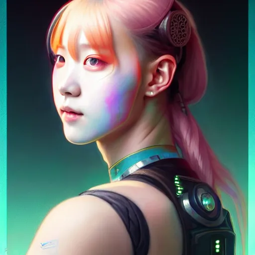 Image similar to portrait painting of cyberpunk chuu from loona as a cheerful smiling mercenary, ultra realistic, concept art, intricate details, eerie, highly detailed, photorealistic, octane render, 8 k, unreal engine. art by artgerm and greg rutkowski and magali villeneuve and alphonse mucha