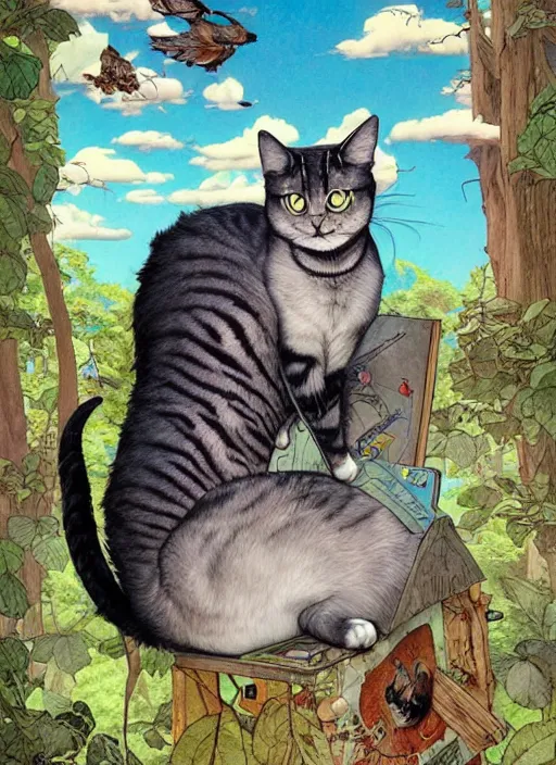 Prompt: a hyper realistic ink cat and the meaning of life and sunbeams blue sky, lush forest poster art by chiara bautista and kim jung giu and norman rockwell and greg rutkowski weta studio, and lucasfilm