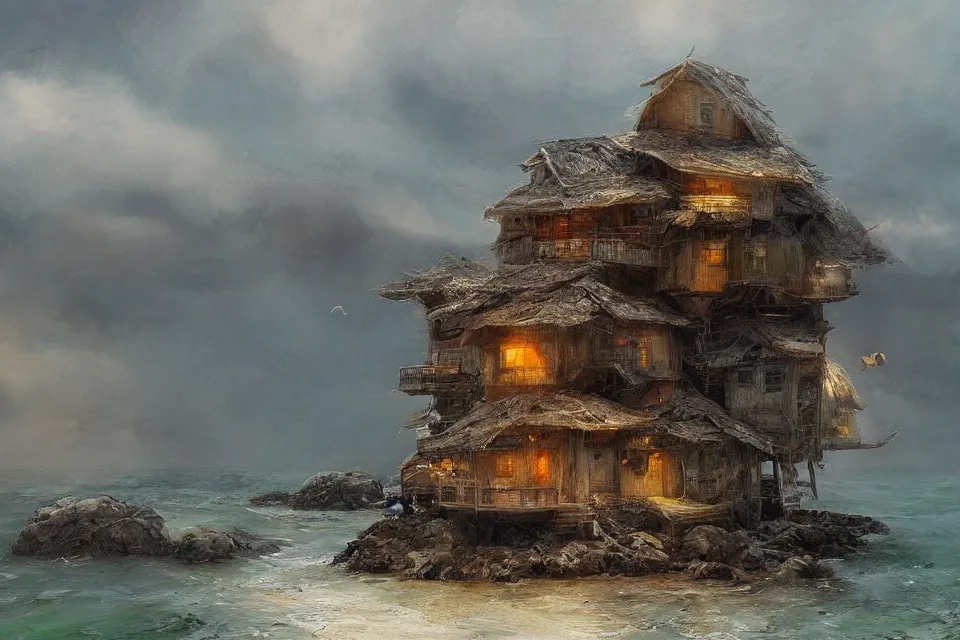 Prompt: seashell house where the lone fisherman lives, in the style of ruan jia