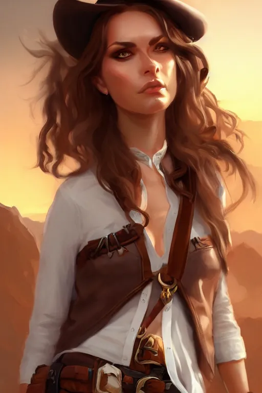 Image similar to full body, female cowgirl, perfect face, white blouse, holster, 8 k, magic the gathering, desert, d & d, artstation, high detail, smooth, sweaty character concepts by senior concept artist