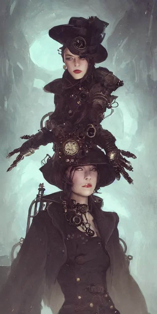 Image similar to A portrait of a women in the style of steampunk by Greg Rutkowski, Sung Choi, Mitchell Mohrhauser, Maciej Kuciara, Johnson Ting, Maxim Verehin, Peter Konig, Bloodborne, 8k photorealistic, cinematic lighting, HD, high details, dramatic, dark atmosphere, trending on artstation