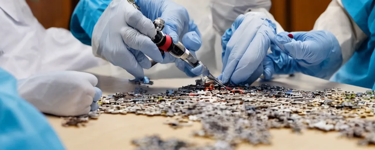 Image similar to a surgeon performing an operation on a jigsaw puzzle on a table