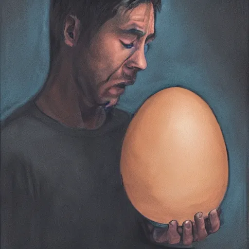 Image similar to man cries while holding giant egg sitting on the kitchen floor at night, painting, somber, moody lighting