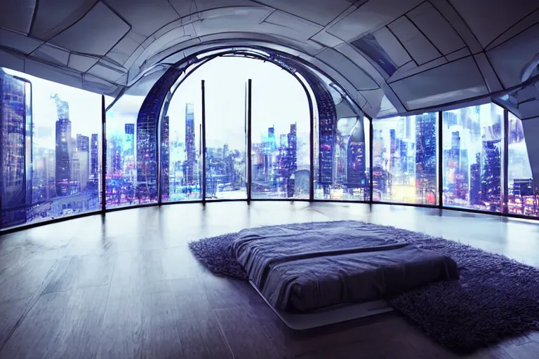 Image similar to a futuristic bedroom with large curved ceiling high windows looking out to a far future cyberpunk cityscape, cyberpunk neon lights, raining, scifi