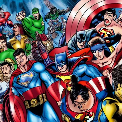 Image similar to the justice league teams up with the avengers, cartoon, highly detailed, 9 0 s, epic, dynamic, ultra hd