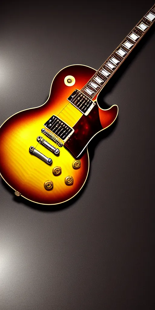 Image similar to award winning photograph of a gibson les paul vintage sunburst, 3 d hyperrealistic 8 k image style, detailed render, stunning studio photograph with dramatic lighting, depth of field