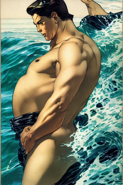 Image similar to attractive man in the ocean, painting by j. c. leyendecker, yoji shinkawa, katayama bokuyo