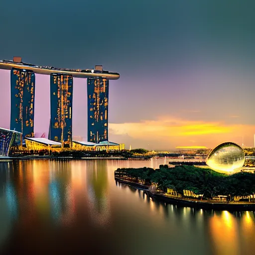 Prompt: broad brush stroke painting of the Marina Bay Sands in Singapore at dusk. By Paul Kratter, Beeple, Wayne Thiebaud, James Gurney. Digital art, CGSociety, Octane, Ultra detailed, Cinematic lighting.