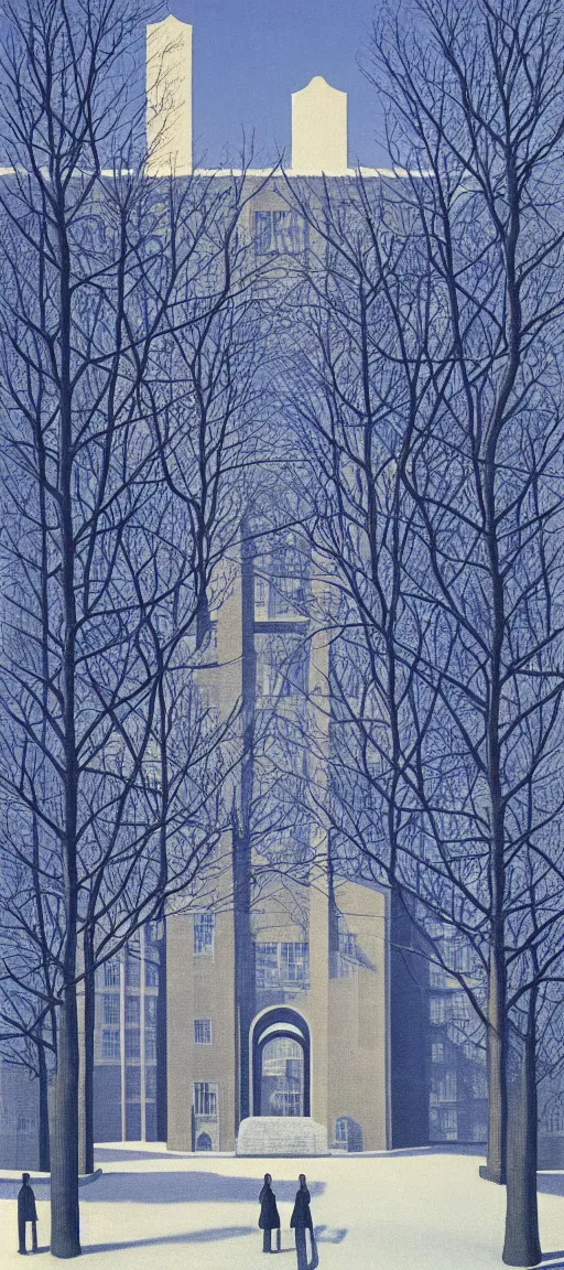 Prompt: University of Michigan campus on a Winter night by Rene Magritte. Impressive architecture. Long surreal shadows. Blue.